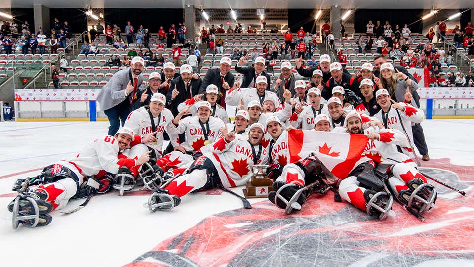 Team Canada’s para ice hockey squad celebrating victories and posing with the Canadian flag, highlighting the unity and pride surrounding the national program.
