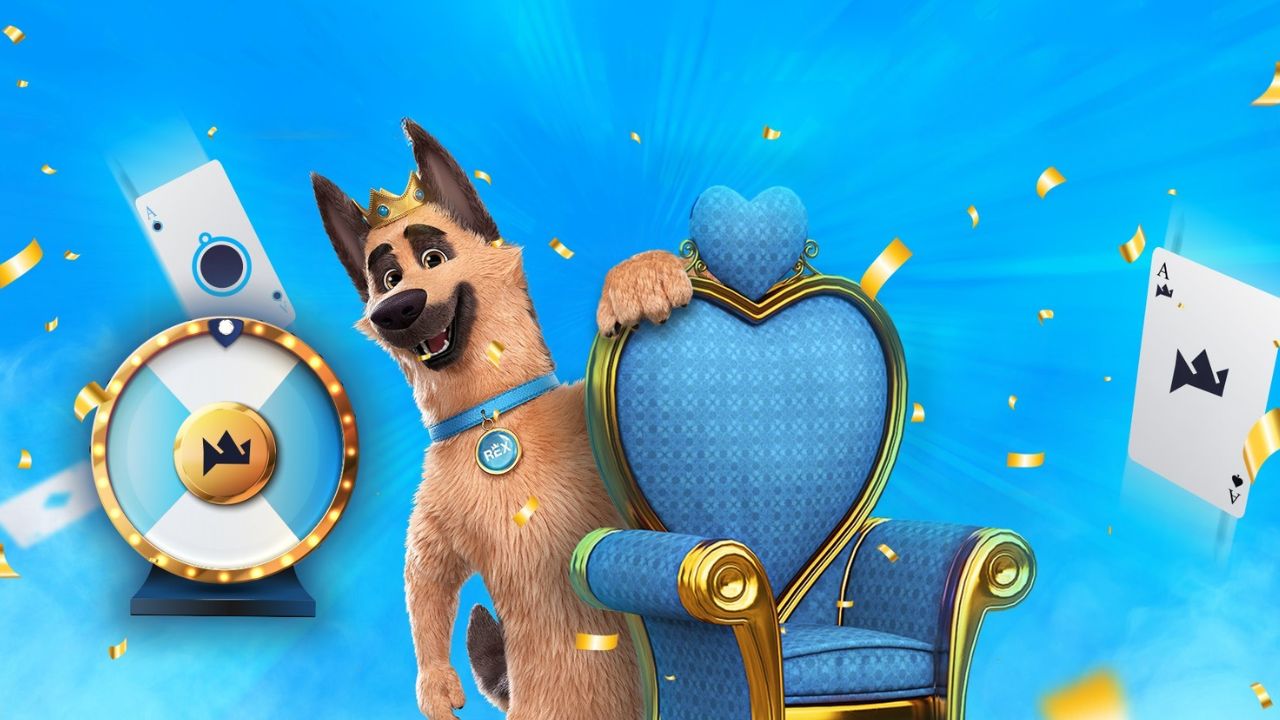 Cartoon dog wearing a crown and a blue collar labeled “Rex” stands beside a blue royal throne, with a casino prize wheel, playing cards, and gold confetti on a bright blue background
