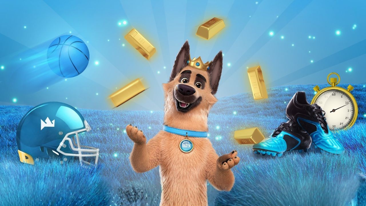 Cartoon dog mascot wearing a crown and REX medal standing on a sports field with floating gold bars, a basketball, football helmet, soccer cleats, and a stopwatch, representing sports betting rewards