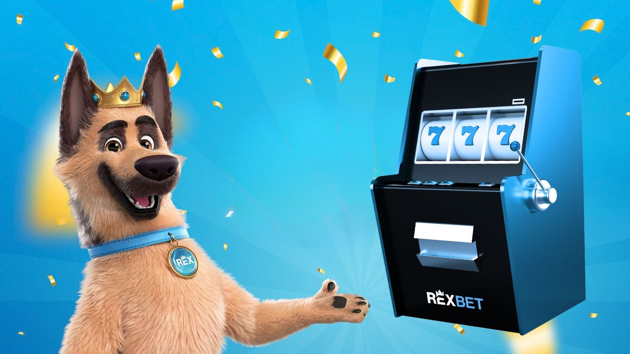 REXBET dog mascot presenting a slot machine showing triple sevens while gold confetti falls on a blue background.