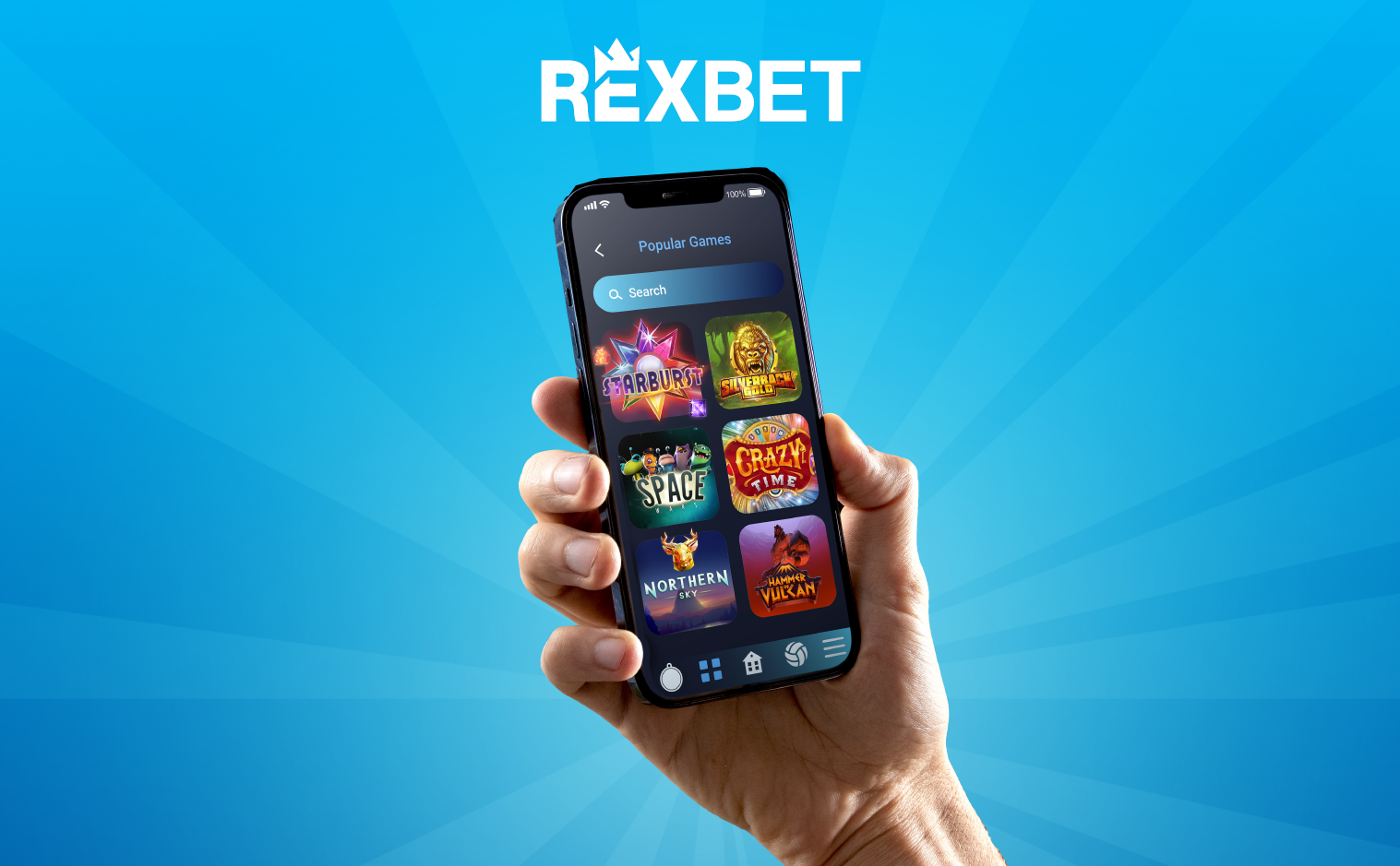 Hand holding a smartphone displaying the REXBET casino app with popular slot games like Starburst and Crazy Time on a blue background.